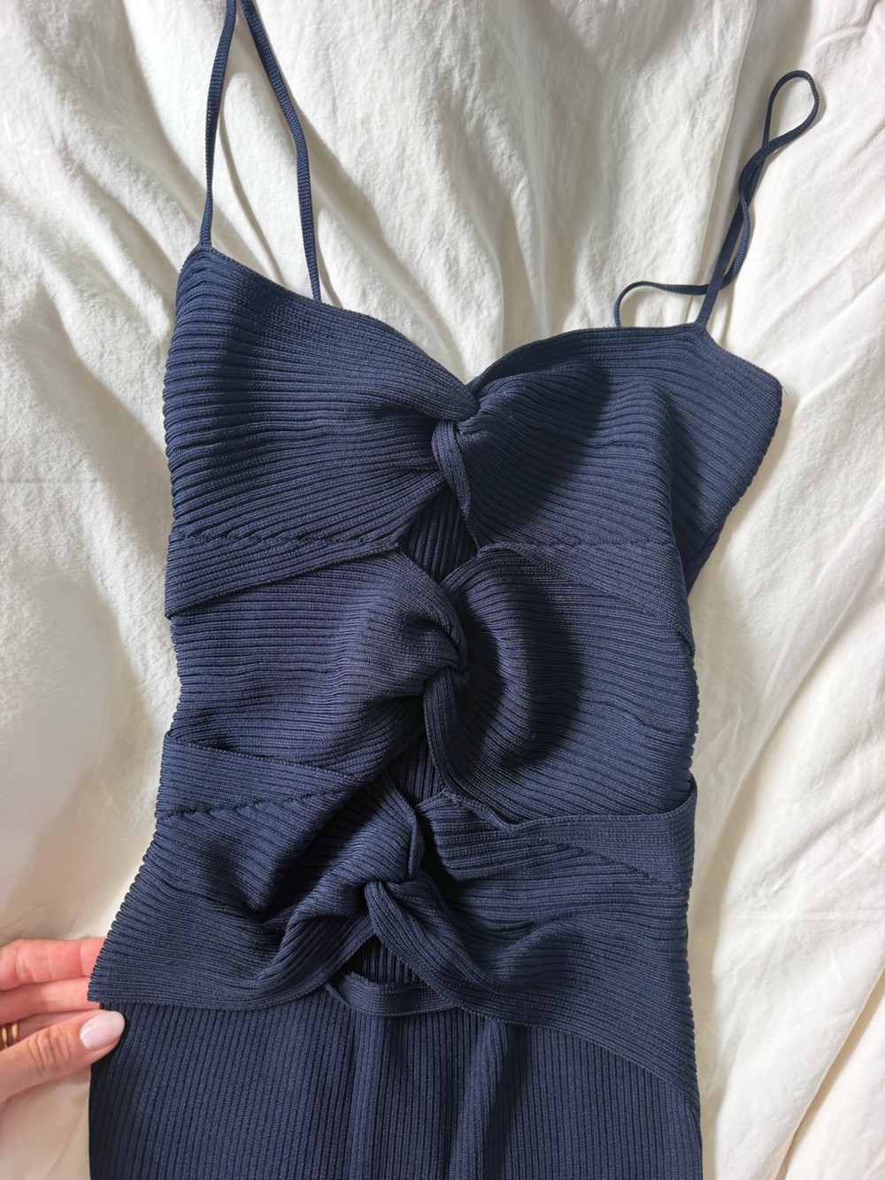 cult gaia Navy Ribbed Midi Dress with Knot Detail